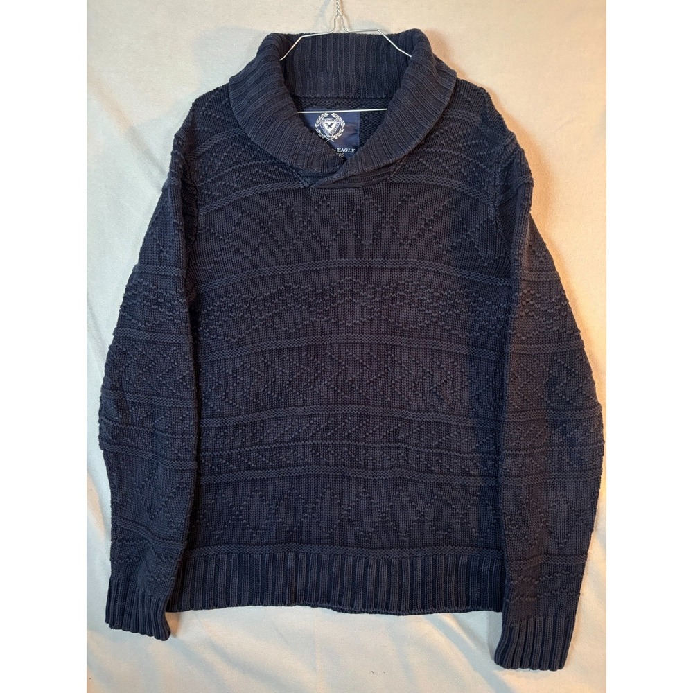 American Eagle Sweater Men's M Navy Chunky Knit Shawl Collar Pullover Heavy